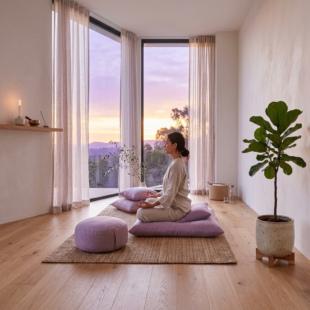 A serene meditation sanctuary with soft lavender cushions and warm sunset lighting