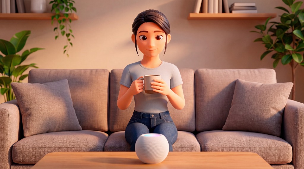 A peaceful home setting showing a woman relaxing, holding a mug next to a smart speaker playing calm soundscapes.